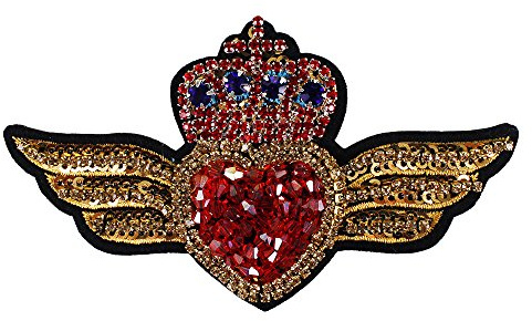 Crown Heart with Wings Beaded Diamond Patches Sequin Embroidery Applique Mini Heart Badges for Brooches Sewing 2pieces