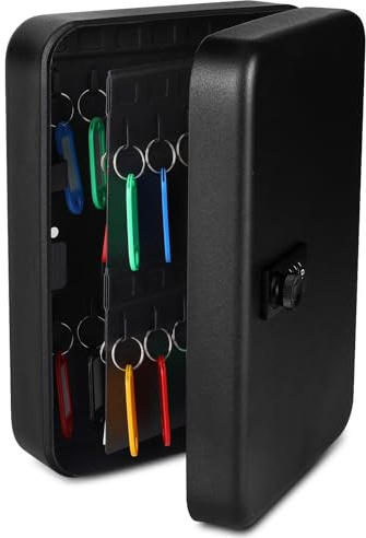Flexzion Schlüsselkasten-Wandhalterung mit Code – Schwarze Schlüsselschrank-Schlossbox, Schlüssel-Aufbewahrungsbox mit Zahlenschloss, gesicherte Schlüssel-Organizer-Box mit 48 farbigen