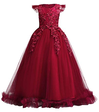 Flower Girls Dress Bridesmaid Wedding Pageant Party Princess Communion Floral Boho Vintage Lace Dance Maxi Gown for Kids Dark Red 7-8 Years