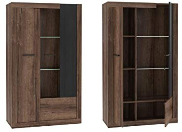 Furniture24 Vitrine Trass TRAV621R, Schrank, Wohnzimmerschrank, Vitrinenschrank, 2 Türiger, Schlammeiche (mit Beleuchtung)