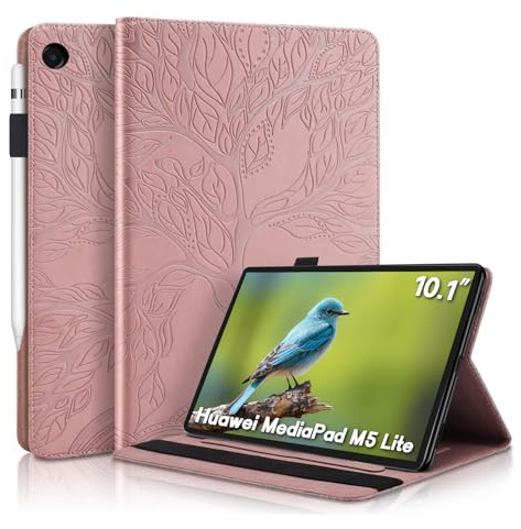 Aswant Huawei Mediapad M5 Lite 10 Hülle Geprägter Baum PU PU Leder Brieftasche BookStyle Flip Cover Stand Kartensteckplatz Tablet Schutzhülle Für Huawei Mediapad M5 Lite/C5 10.1 Zoll 2018 - Roségold