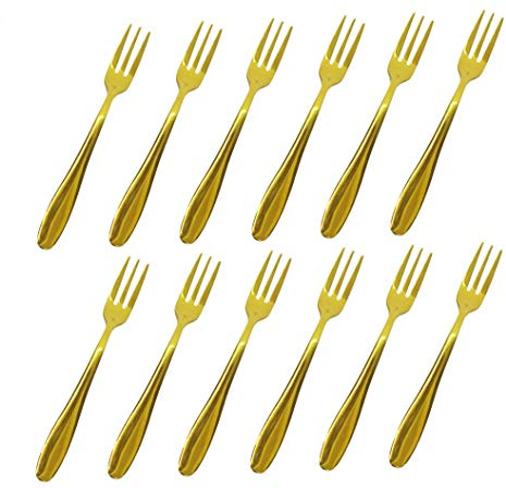 Comicfs 12-Piece Appetizer Small Forks, 5.2 Inches, Dessert Forks Stainless Steel, Gold 3-Tine Portable Cocktail Salad Fruit Forks for Party Travel (12 Forks, Gold)