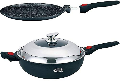 HAUSSMANN heritage Fonte d'aluminium Wok32cm Revêtement Type Pierre-sans PFOA Manche Amovible－Tous Feux Dont Induction－ HM-WOK1432M (Wok32cm+Crêpière28)