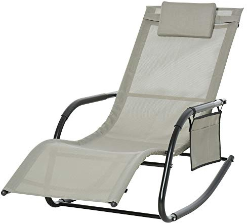 Outsunny Sillón Balancín de Jardín, Tumbona de Exterior con Reposacabezas y Bolsillo Lateral, 150x62x88 cm, Negro y Gris