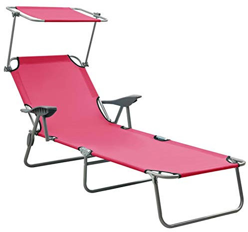 Tidyard Klappbare Sonnenliege mit verstellbare Rückenlehne und Dach Gartenliegen Strandliege leicht mit rückenlehne Relaxliege Dreibeinliege Liegestuhl für Camping Freizeit Garten Strand Stahl Rosa