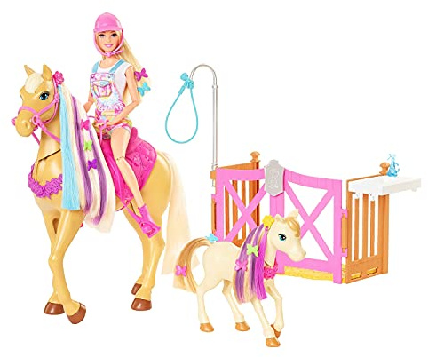 Barbie GXV77 - Frisier- und Reitspaß, Reitset mit Pferd, Pony, Puppe und über 20 Zubehörteilen, für Kinder ab 3 Jahren