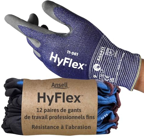 Ansell HyFlex 11-561 Schnittschutz-Handschuhe, Atmungsaktive Nitril-beschichtung, Höchste Weiterreißfestigkeit, Dünne Arbeitshandschuhe Herren Damen, Waschbare, Blau, Größe 2XL (12 Paar)