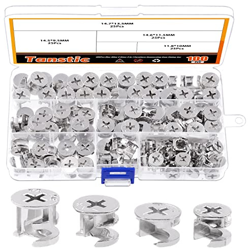 Tanstic 100Pcs 4 Sizes Furniture Connecting Cam Lock Fittings, Fastener Cabinet Connectors Hardware Bolts Furniture Connecting Lock Nut for Furniture Connecting