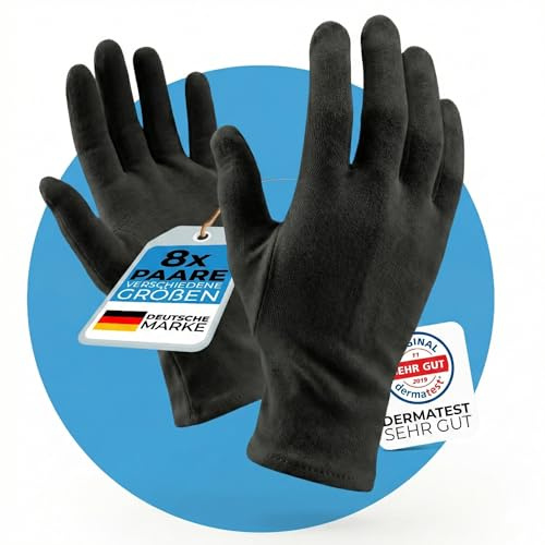 Handskar av 100 % bomull (Matest: Mycket bra) svarta handskar som handmask handskar, tvättbara tyghandskar, bomullshandskar svarta (8 par, L)