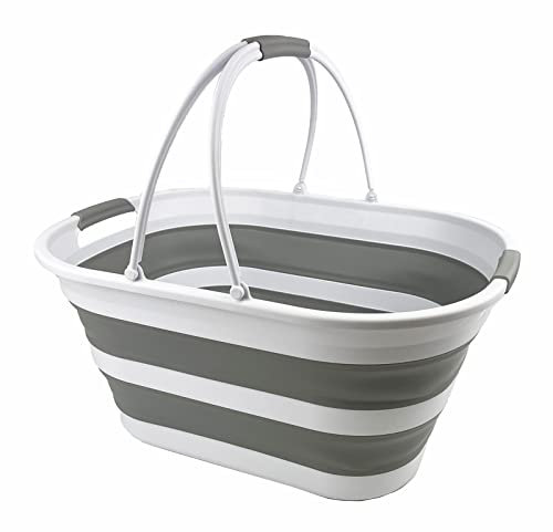 SAMMART 38L zusammenklappbarer Wäschekorb aus Kunststoff – ovale Wanne/Korb – Faltbarer Aufbewahrungsbehälter-tragbare Waschwanne – platzsparender Wäschekorb (Weiß/Grau)