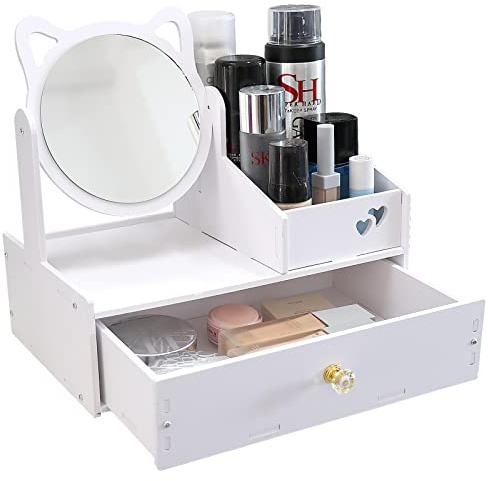 LEcylankEr Organizador de Maquillaje, Organizador de Baño de Mesa Blanco, Caja Organizadora de Maquillaje con Espejo, Caja Maquillaje Organizador con Cajones para Dormitorio/Baño (Espejo redondo)
