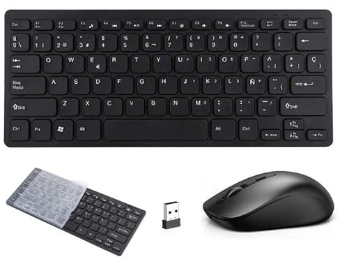 Teclado y Raton inalambrico Mini en español Ñ para Ordenador PC+ Funda Silicona 32022 pequeño