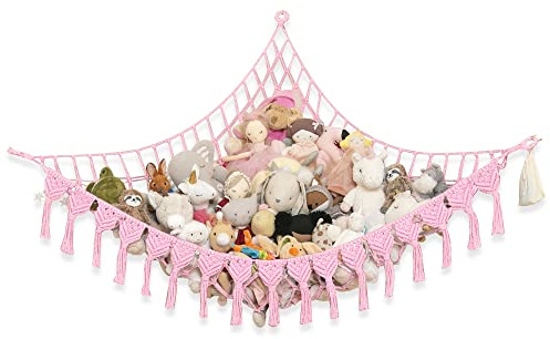 Abby Baby Extra Large Stuffed Animal Storage Hammock Corner with LED Lights – 25LB Capacity Hanging Toy Net for Small or Large Plushies, Boho Macrame Squishmallow, Plush Net, Pink