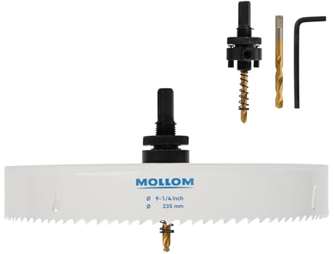 Mollom 235mm (9-1/4) HSS M42 Bi-Metall-Lochsäge 8% Kobalt mit Aufnahmedorn | 2 Zentrierbohrer, sauberer Schnitt in PVC, Gipskarton, Holz, Kunststoff, Metall, Gummi