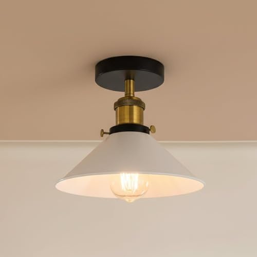 LEDSone White Semi Flush Ceiling Light 22cm Metal Cone Shade E27 with Bulb | vintage close to ceiling light fitting hardwired easy fit farmhouse industrial for kitchen bedroom hallway living room bar