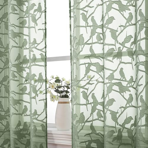 OVZME Sage Green Sheer Curtains 63 Inch Length 2 Panel Set, Light Filtering Bedroom Curtains with Dual Rod Pocket Top, Leaf Bird Clip Jacquard Sheer Farmhouse Window Drapes for Living Room, 2x38Wx63L