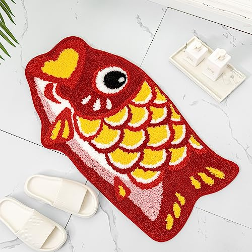 Niedliche Fisch-Badematte für Badezimmer, rutschfest, Cartoon-Koi-Fisch, Badezimmerteppiche und Matten, saugfähig, Duschvorleger für Kinder, Bodenmatte, Teppich, Dekoration, waschbar, rot
