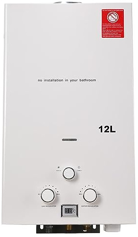 SUDEG 12L Gas Durchlauferhitzer, 24KW LPG Flüssiggas Warmwasserbereiter | nstant Heißwasserbereiter Flüssiggas Durchlauferhitzer Warmwasserspeicher mit Plating-Duschkopf-Set, Weiß