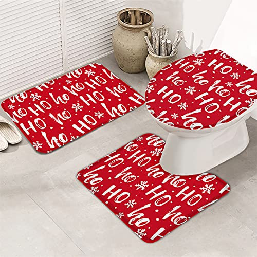 FJAUOQ Badematten-Set, weihnachtliches Ho-Text, Schneeflocken-Muster, rot, weich, rutschfest, saugfähig, Badezimmerteppich, WC-Deckelbezug, U-Form, Konturteppich für Badewanne, Dusche, Badezimmer,