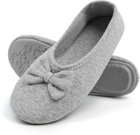 OFFCUP Ballerina tofflor, husskor, loafer-tofflor med elegant rosett och minnesskum mysiga lätta husskor med halkfri mjuk gummisula, Grå, Medium
