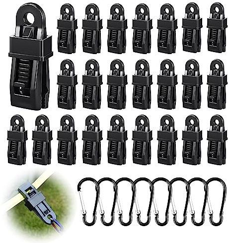 32 Pezzi Clip per Teloni Set, 24 Clip per Tende e 8 Moschettone, Ganci per Tende da Sole e Telo Ombreggiante, Accessori Camper, Campeggio