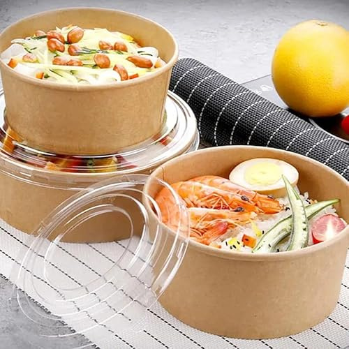 Silver Star 100 X 25oz/750ml Disposable Bowls with Lids for Cold Foods Freezer & Microwave Safe Takeaway Kraft Containers for Business and Restaurant