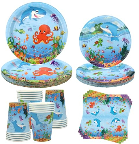 Forniture per feste sotto il mare – Servizio da tavola per feste in mare/oceano – Piatti da portata, piatti da dessert, bicchieri, tovaglioli per decorazioni di feste di compleanno del mondo