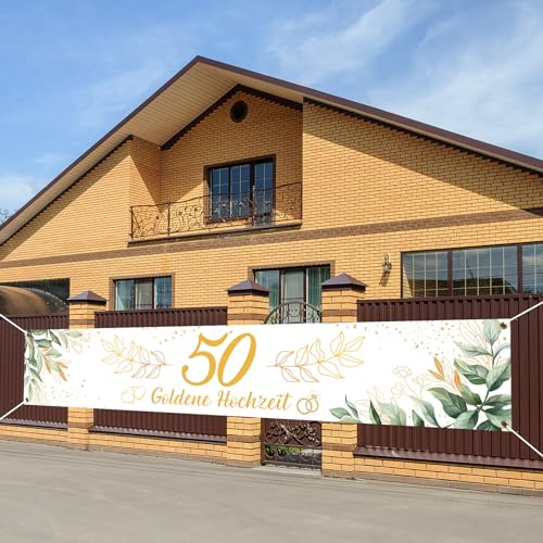 LAMEK Goldene Hochzeit Banner Extra Lange 300x50 50 Jubiläum Hochzeit Deko | 50. Hochzeitstag Banner Hochzeitsbanner Goldene Hochzeitsdeko Goldhochzeit Hängende Deko für Innen Außen Paare Feier