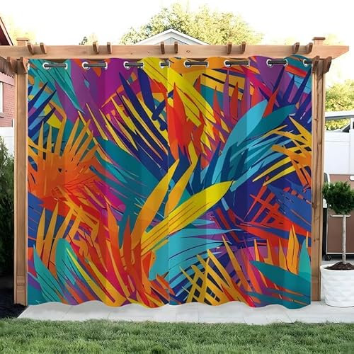 SYHIEGO Bunt Blätter Outdoorvorhänge Wetterfest Abstrakt Outdoor Vorhänge Wasserdicht Balkon Vorhang Außen 2er Set Outdoor Vorhang mit Ösen Outdoor Gardinen für Pavillon Terrasse, 155x200cm