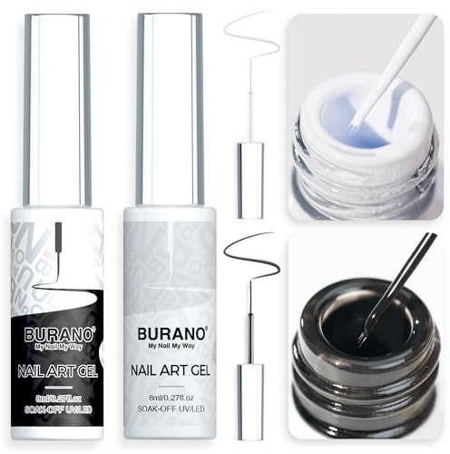 BURANO Gel-Nagellack, Liner-Art, schwarz-weiß lackiertes Design, 2 Flaschen, 8 ml, eingebauter dünner Pinsel, Aushärtung erforderlich, LX11 LX12