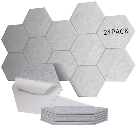 Sonuvia paket med 24 Hexagon akustikpaneler självhäftande, täcker 1,4m²,ljudisolering för väggar och dörrar - 230 kg/m³, NRC 0,95, 100% polyester, idealisk för ljudisolering vägg,silvergrå