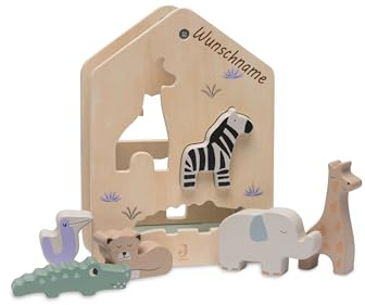 Elefantasie Holz Steckbox mit Safari Tieren, personalisierbar mit Namen, Sortierspielzeug für Kinder ab 18 Monaten