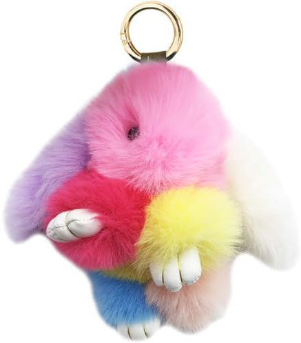 Xsclpomddy Plüsch-Häschen-Schlüsselanhänger Der Regenbogen Pom Poms Taschenanhänger Handtasche Autoschlüssel Plüsch-Pom Pom Dekoration