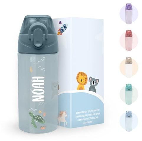 gutmarkiert Kindertrinkflasche personalisiert - BPA-frei 450 ml Petrol | Auslaufsichere Flasche mit Strohhalm und Namen - spülmaschinenfest - robust - für Jungen und Mädchen - Motiv nach Wahl