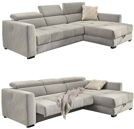 luma-Home 15408/ Ecksofa, elektrische Sitztiefenverstellung, Grau | B300/T196/H103 cm, verstellbare Kopflehnen, USB Ladefunktion, Bettkasten, spiegelverkehrt montierbar, Chenille-Bezug