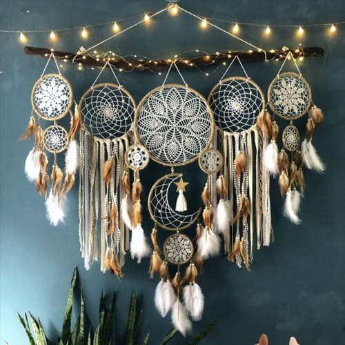 5 Pack Moon Phase Dreamcatcher Set Boho Wall Decor for Witchy Gifts,Macrame Decor with Feathers Hanging for Home, Bedroom, Living Room (Camel)