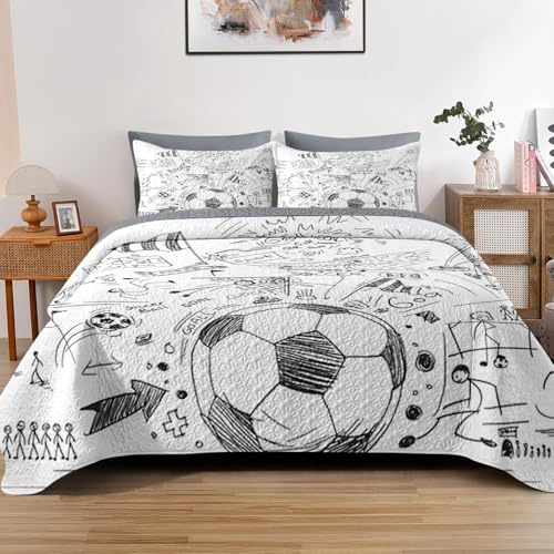 Pamnest Quilt Set Twin Size, Game Soccer Painting 2 Pcs Soft Bed Cover Bedding Set for Kids and Adults, Football Ball Cup Sport Lightweight Bedspread Coverlet with Pillow Sham for All Season