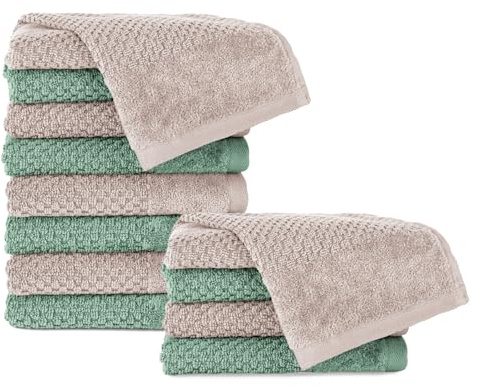 Pure Label Gästehandtücher 12-TLG 12x30x50, Stein | Grün | weich, saugstark, 100% Baumwolle & OEKO-TEX, mit Schlaufe