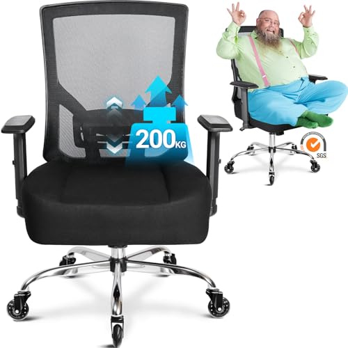 MELOKEA Bürostuhl 200KG XXL, Extra Breites Federkissen, Gummirollen, Ergonomischer Bürostuhl, Verstellbare Lendenwirbelstütze, Stufenlose Neigungsfunktion, Schreibtischstuhl [Ohne Lendenkissen]