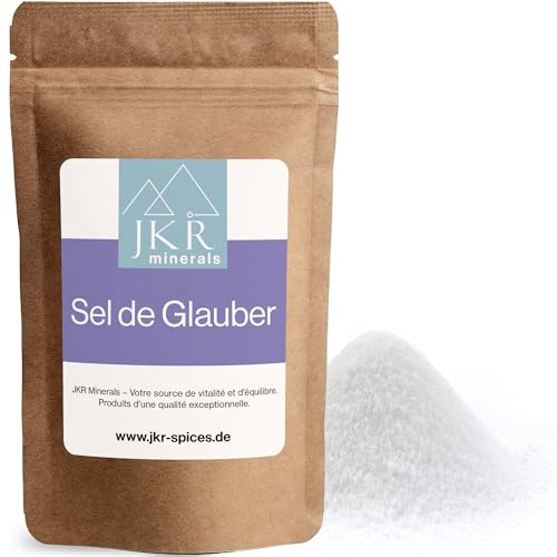 JKR Minerals Sal de Glauber 900g, sal de Glauber de calidad alimentaria, sulfato de sodio grado alimenticio, Na₂SO₄ en bolsa neutra en CO₂ y resellable