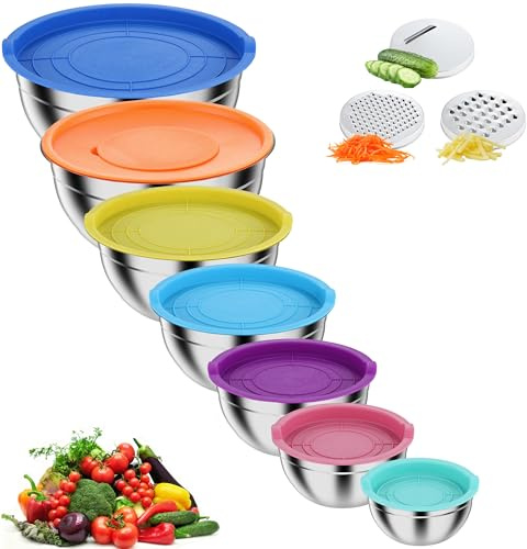 Pleafind Set de bols à mélanger 7 pièces Bols emboîtables en acier inoxydable avec couvercles - avec 3 accessoires de râpe, capacités 4,5 QT, 4 QT, 3,5 QT, 2,1 QT, 1,5 QT, 1,1 QT, 0,7 QT, emboîtable