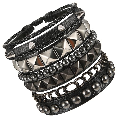 Yolev 4 Pcs Punk Studded Bracelets Rock Leather Emo Bracelets 80s Gothic Spike Cuff Bracelet Set Retro Classic Emo Jewelry Accessories for Men Women Rocker Outfits