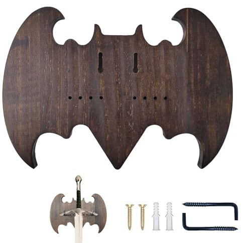 Dreamsolearoy Massivholz Schwertständer mit Fledermaus-Design, Nussbaum - Wandhalterung für Schwerter & Deko (45cm) - Sammlerset für Mittelalterfans & Wohnzimmer
