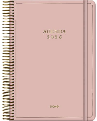 Dohe - Agenda 2026 - Tagesansicht, Größe A5 (14x20 cm), Goldene Spiralbindung und Gummiband, Goldprägungen, 12 Monate Januar bis Dezember, Jahresplaner auf Spanisch - Velvet Rosa