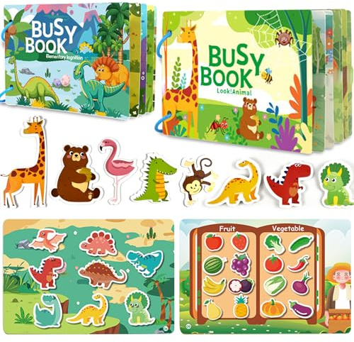 Guopai Libro Montessori Interattivo per Bambini – Busy Book & Quiet Book 1 2 Anni, Gioco Educativo Cartaceo con Animali, Veicoli, Cibi, Puzzle e attività Sensoriali da Viaggio