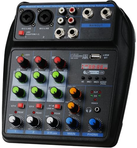 DJ Controller, Mixer portatile a 4 canali, console di registrazione, scheda di missaggio con interfaccia BT 48V USB for DJ, PC, MP3, fono