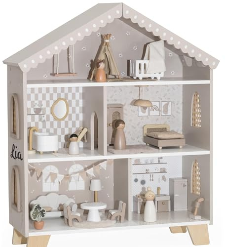 Mainely Puppenhaus Holz Premium Nougat – personalisiertes Puppenhaus mit Namen, hochwertiges Holzspielzeug nachhaltig, Montessori Rollenspiel, Geschenk Mädchen 3 Jahre, Geburtstagsgeschenk Kind