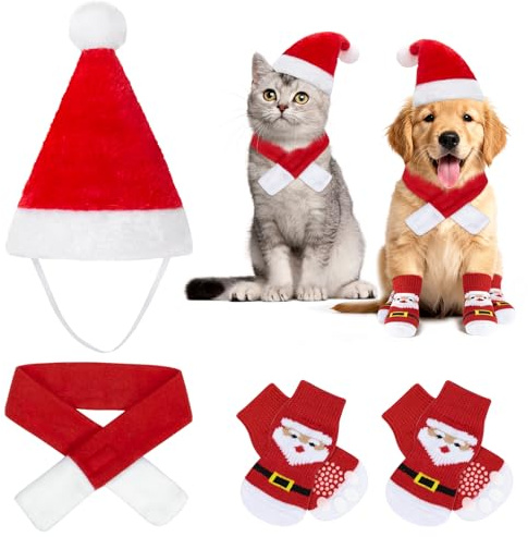 MELLIEX 3 Stück Katzen Hunde Weihnachtskostüm, Hundekostüm Katzenkostüm Weihnachten mit Weihnachtsmützen Rote Schal Haustiersocken für Katzen und Kleine Hunde