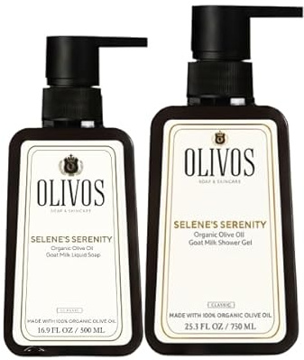 OLIVOS Ensemble au lait de chèvre - Savon liquide bio à l'huile d'olive 500 ml + gel douche à l'huile d'olive bio 750 ml - Doux pour la peau
