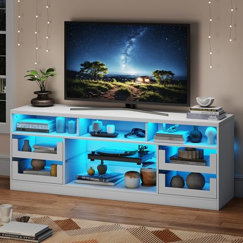 TV Schrank für Fernseher bis 65, TV Lowboard mit LED-Beleuchtung & Steckdosenleiste, Fernsehtisch mit 4 Glasschublade, Fernsehschrank TV Board für Wohnzimmer, Esszimmer, Schlafzimmer,